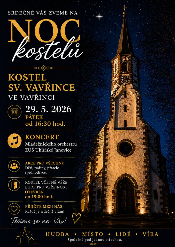 Poprvé se Noc kostelů uskuteční v kostele sv. Vavřince ve Vavřinci. Akce proběhne 29. května 2026 od 16:30 hodin a nabídne koncert mládežnického orchestru Základní umělecké školy v Uhlířských Janovicích. Návštěvníci budou mít příležitost prohlédnout si kostel včetně věže a hodinového stroje do 19:00
