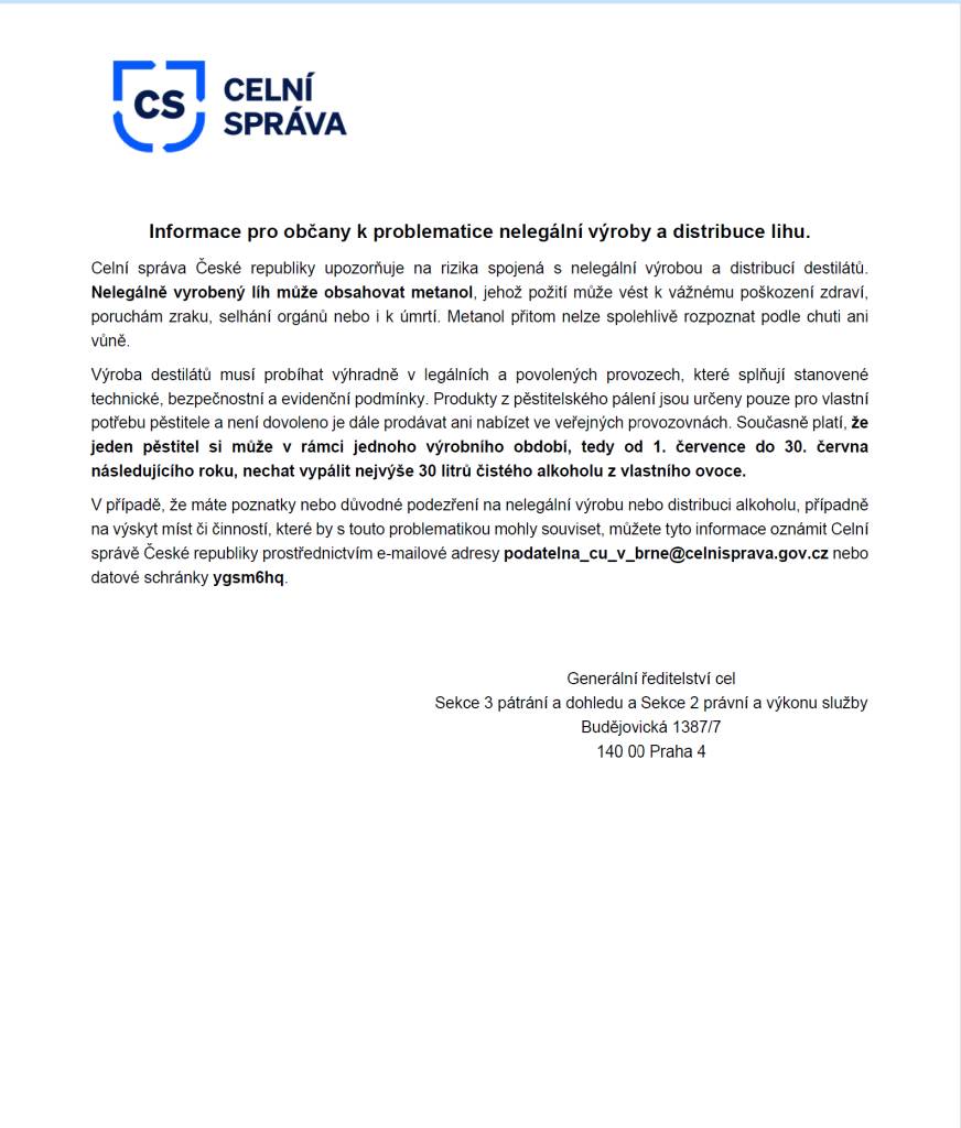Informace pro občany k problematice nelegální výroby a distribuce lihu.