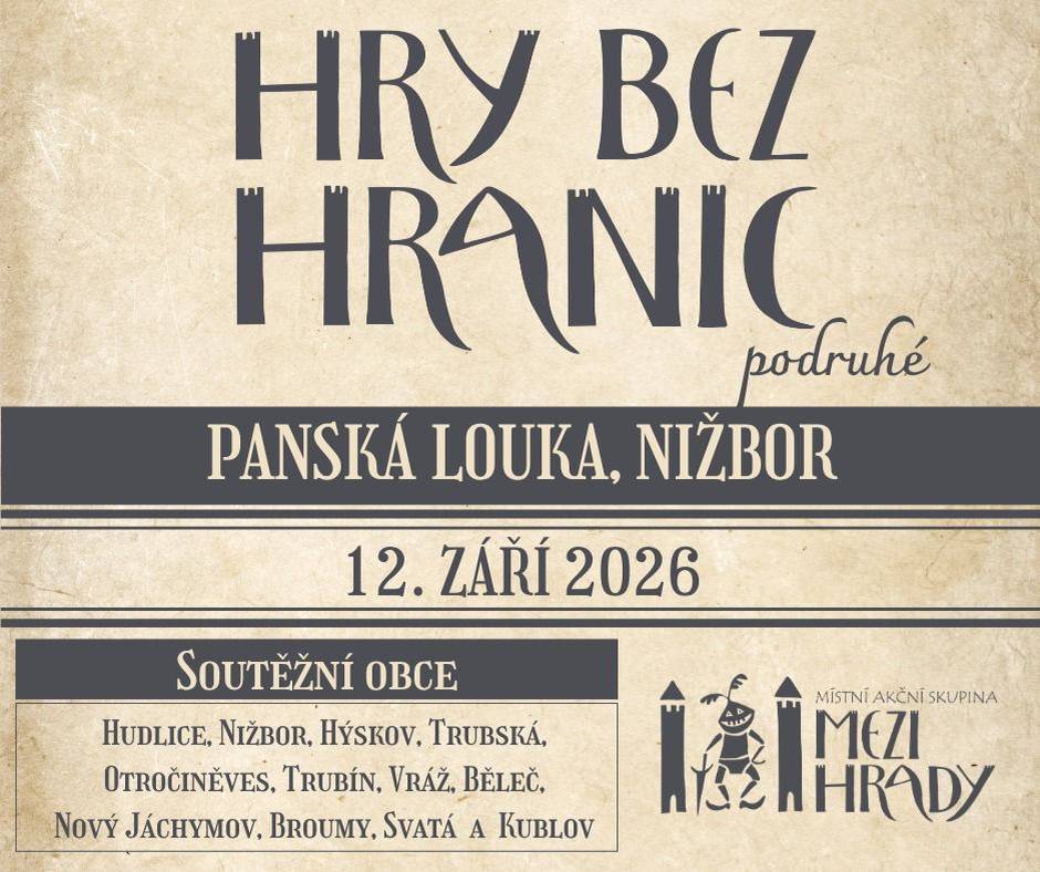 Vážení spoluobčané,    rádi bychom Vás pozvali na letošní ročník akce Hry bez hranic, která navazuje na loňské úspěšné klání mezi obcemi. Čeká Vás den plný zábavy, soutěžení a přátelského setkání, inspirovaný známou soutěží Hry bez hranic.
