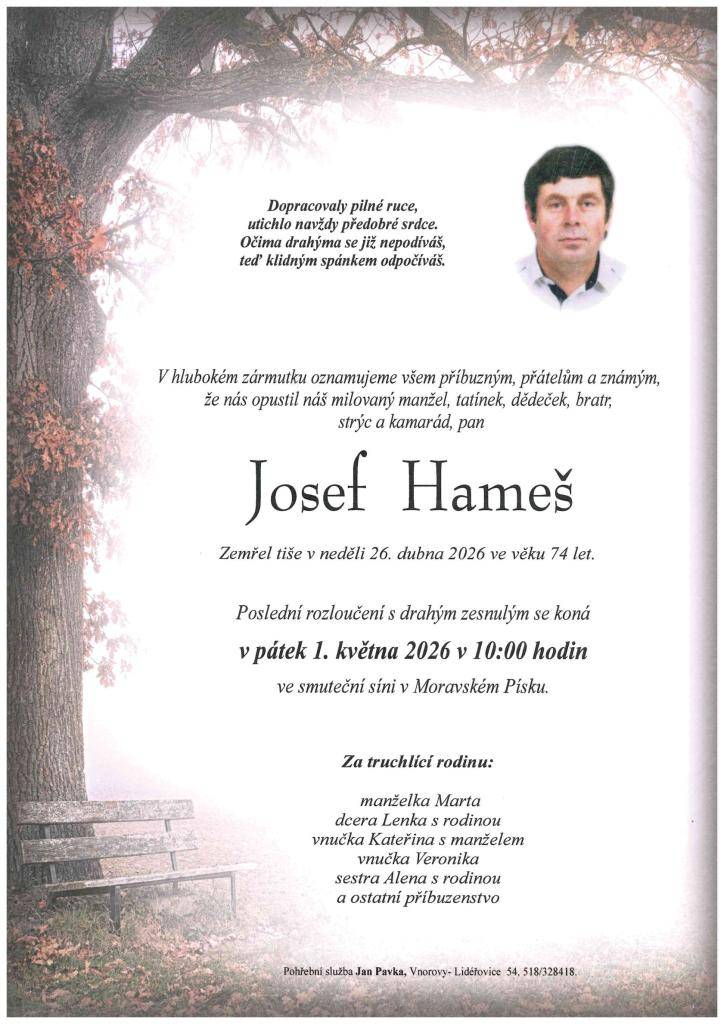 Smuteční oznámení Josef Hameš