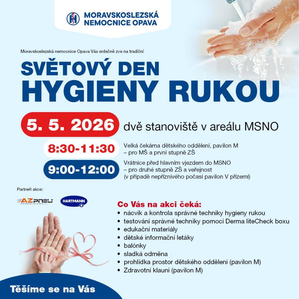 Moravskoslezské nemocnice Opava pořádá tradiční Světový den hygieny rukou v areálu nemocnice, který se uskuteční dne   5. května 2026 v době od 8:30 - 11:30 hod.