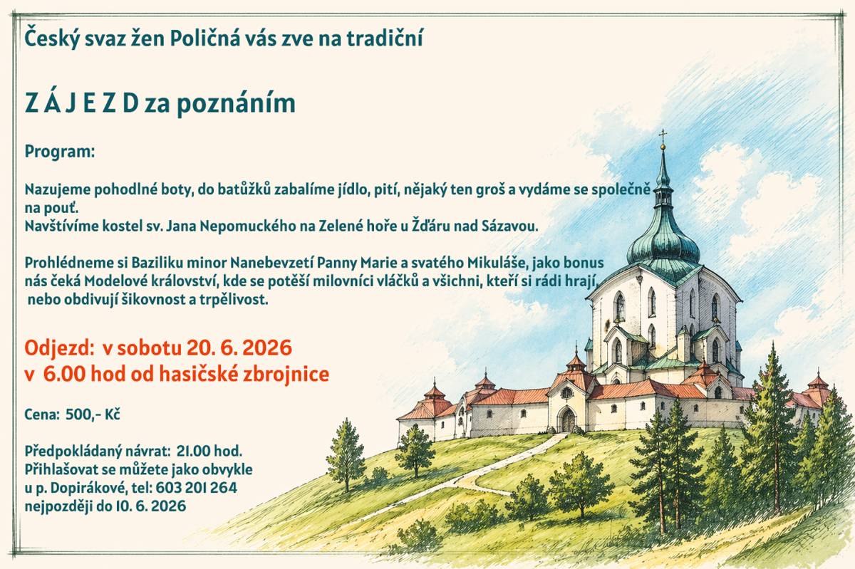 Pozvánka s pestrým programem, tentokrát s cílem Zelená hora u Žďáru nad Sázavou.