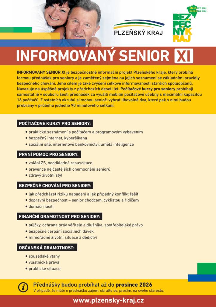Bezpečnostně informační projekt Plzeňského kraje formou přednášek. Více informací naleznete v letáku nebo na www.plzensky-kraj.cz.