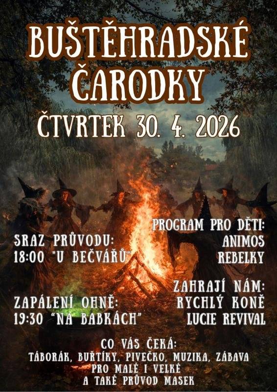 - Kulturní výbor MěZ, Dobrovolní hasiči Buštěhrad a další dobrovolníci vás srdečně zvou na tradiční Buštěhradské Čarodky, které se uskuteční ve čtvrtek 30. dubna od 18:00 hodin do pozdních večerních hodin. Jako obvykle nebude chybět průvod masek, který má sraz na prostranství před restaurací U Bečvářů v Žižkově ulici v 18:00 hodin. Čarodějnický program pro děti Animos začne Na Babkách od 18:30 hodin, poté vystoupí dívčí skupina Rebelky. Zapálení vatry nastane po Rebelkách v 19:30 a poté začne další hudební program. Těšit se můžete na Rychlý koně z Buštěhradu, oblíbenou skupinu Lucie Revival a následnou reprodukovanou hudbou až do konce programu, který nastane o půlnoci. Nebude chybět občerstvení a nápoje, které k prodeji a konzumaci na místě připraví Aktoffka Art Club.   - Pozvánka na večer s poezií již dnes v Aktoffce. Přijďte si odpočinout od shonu všedního dne a projít se spolu s námi krajinou české poezie. Od 19 hodin vás v AktOFFce čeká komorní večer, ve kterém tři zkušení interpreti představí to nejkrásnější z děl českých autorů. Zazní verše básníků, jako jsou Jan Skácel, Jaroslav Seifert či Josef Kainar. Poezie se dnes možná tolik nenosí – přijďte se ale přesvědčit, že má stále co říct a dokáže oslovit i dnes. Rezervace: www.divadlokix.cz nebo rezervace@divadlokix.cz.   S pozdravem a přáním pěkného dne   Zuzana Šípkovská Městský úřad Buštěhrad