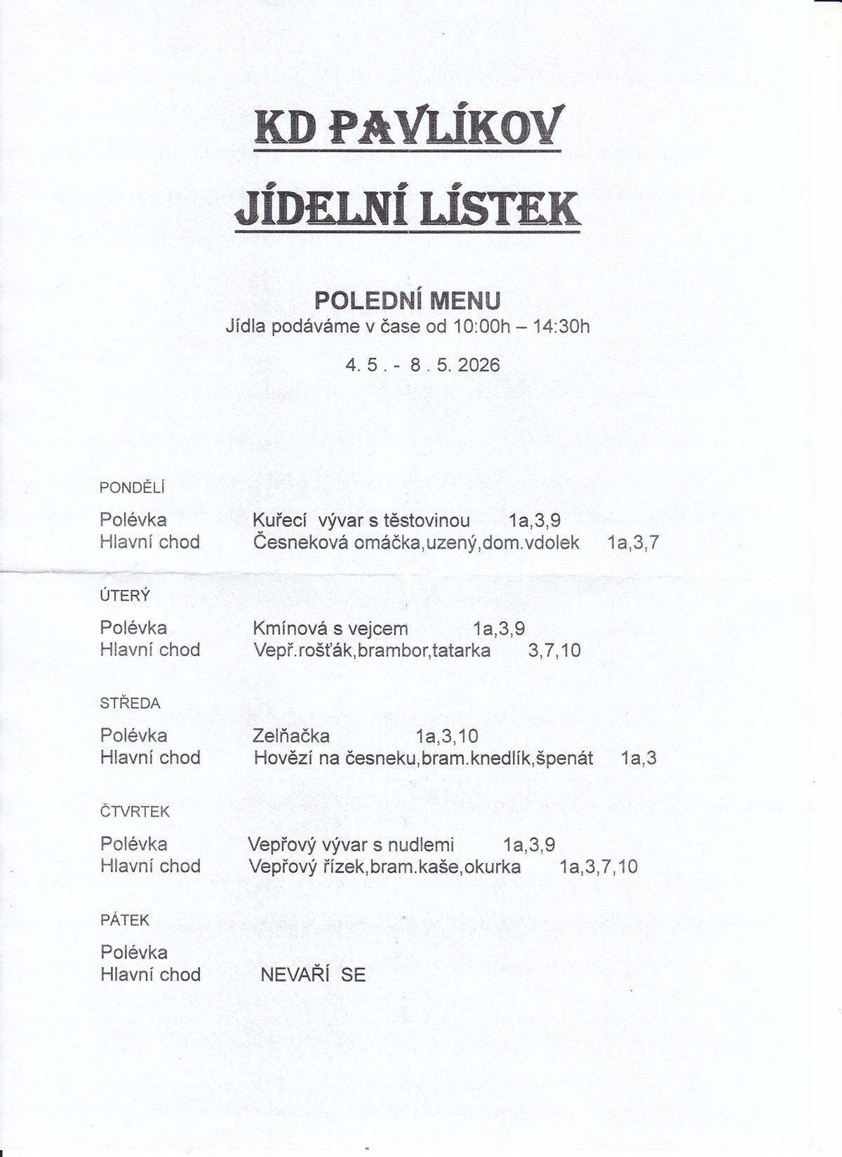 Jídelní lístek KD Pavlíkov v týdnu od 4.5. do 8.5.2026