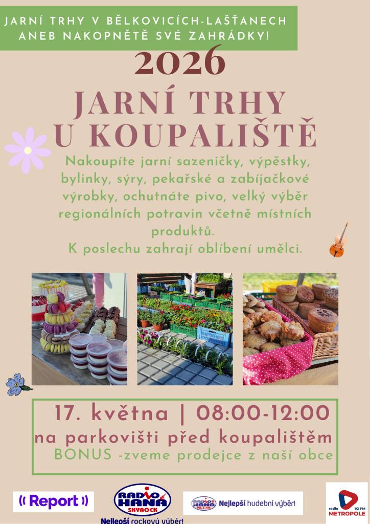 Jarní trhy se budou konat 17. května 2020 od 08:00 do 12:00 na parkovišti před koupalištěm. Na návštěvníky čeká bohatý výběr zboží a příjemná atmosféra.