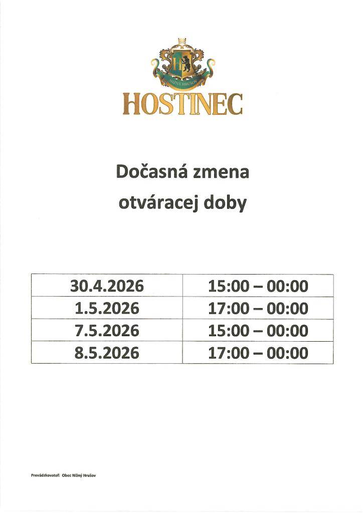 Dočasná zmena otváracej doby v Hostinci. Viac info tu.