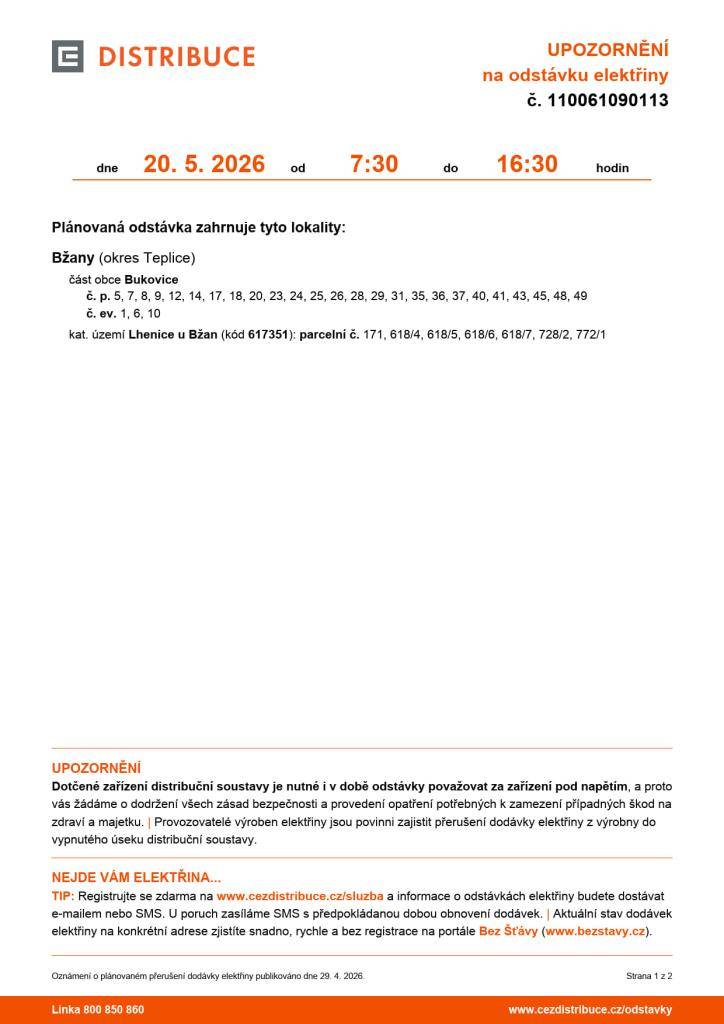 dne 20.05.2026 v době od 07:30 do 16:30h