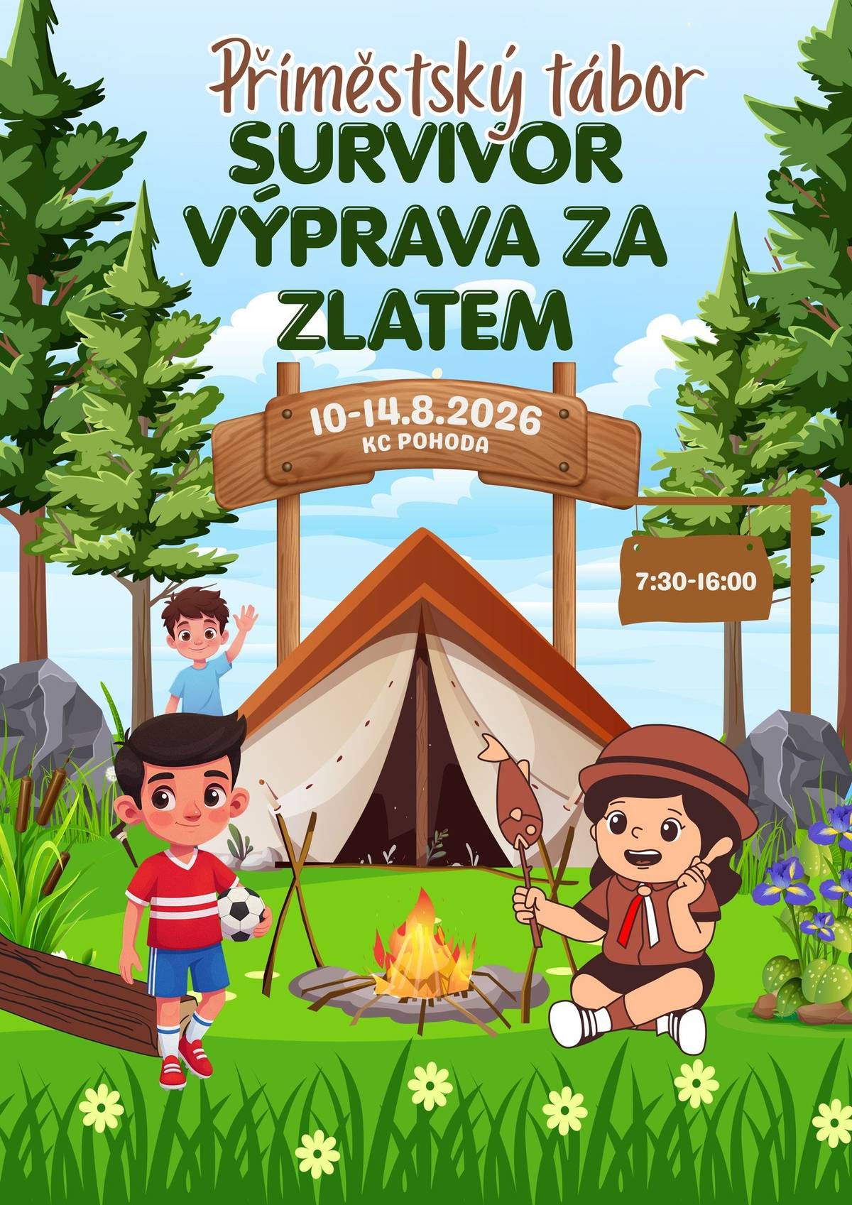 SURVIVOVOR VÝPRAVA ZA ZLATEM 10.8.-14.8.2026 Ahoj táborníci! Tak je tu opět ten čas, kdy se můžeš rozhodnout, jestli se přidáš do našeho týmu a budeš celý týden bojovat po našem boku. Zveme Tě na příměstský tábor, kde se můžeš těšit na parádní jízdu. Loni jsme vyzkoušeli naše možnosti a letos přicházíme s ještě nadupanějším zážitkem. Letošní téma je SURVIVOR VÝPRAVA ZA ZLATEM, zkusíš i ty svoje dovednosti? Na celý týden bude pro děti připravený program ve Žluticích a okolí, čeká je jeden výlet za hranice města a závěrečný program s překvapením. Celodenní stravování je zajištěno, to samé pitný režim. Děti potřebují akorát vhodné oblečení na každý den, na každé počasí a láhev na pití. Veškeré oblečení - i náhradní je možno po celý týden ponechávat na základně. Letos se vedoucí tým posílil a mimo mě - Veroniky Čermákové a Rádi Neprašové, se k nám na celou dobu připojí ještě Adélka Hájková. Svačinky zajišťujeme svépomocí (čti - pomáhají hlavně rodinní příslušníci) a výborné obídky nám každý den bude dodávat Penzion Harmonie. Přihlášku na tábor si vyžádejte buď elektronicky, nebo můžete vyzvednout (a rovnou i vyplnit) u mě: Veronika Čermáková, obchod Lima, Coop 1. patro, Purkyňova 114, Žlutice email: zluticko.zivoda@gmail.com - zde si napište o přihlášku telefon: 606 478 959 V. Čermáková - tady taky můžu poslat přihlášku a zodpovím jakékoli dotazy Těšíme se na vás