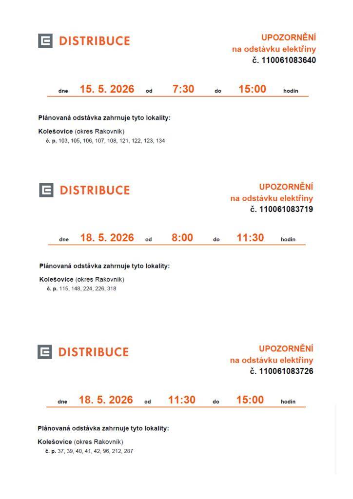 V obci Kolešovice, okres Rakovník, jsou naplánovány tři odstávky elektřiny. První se uskuteční 15. května 2026 od 7:30 do 15:00 a zasáhne vybrané domy. Další odstávky se konají 18. května 2026 v dopoledních hodinách a po obědě.