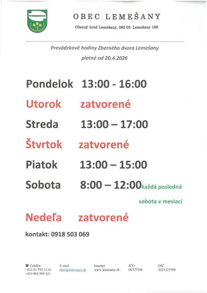 Otváracie hodiny Zberného dvora