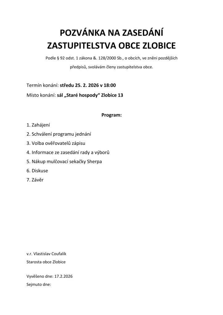 Pozvánka na zasedání ZO 5.5.2026