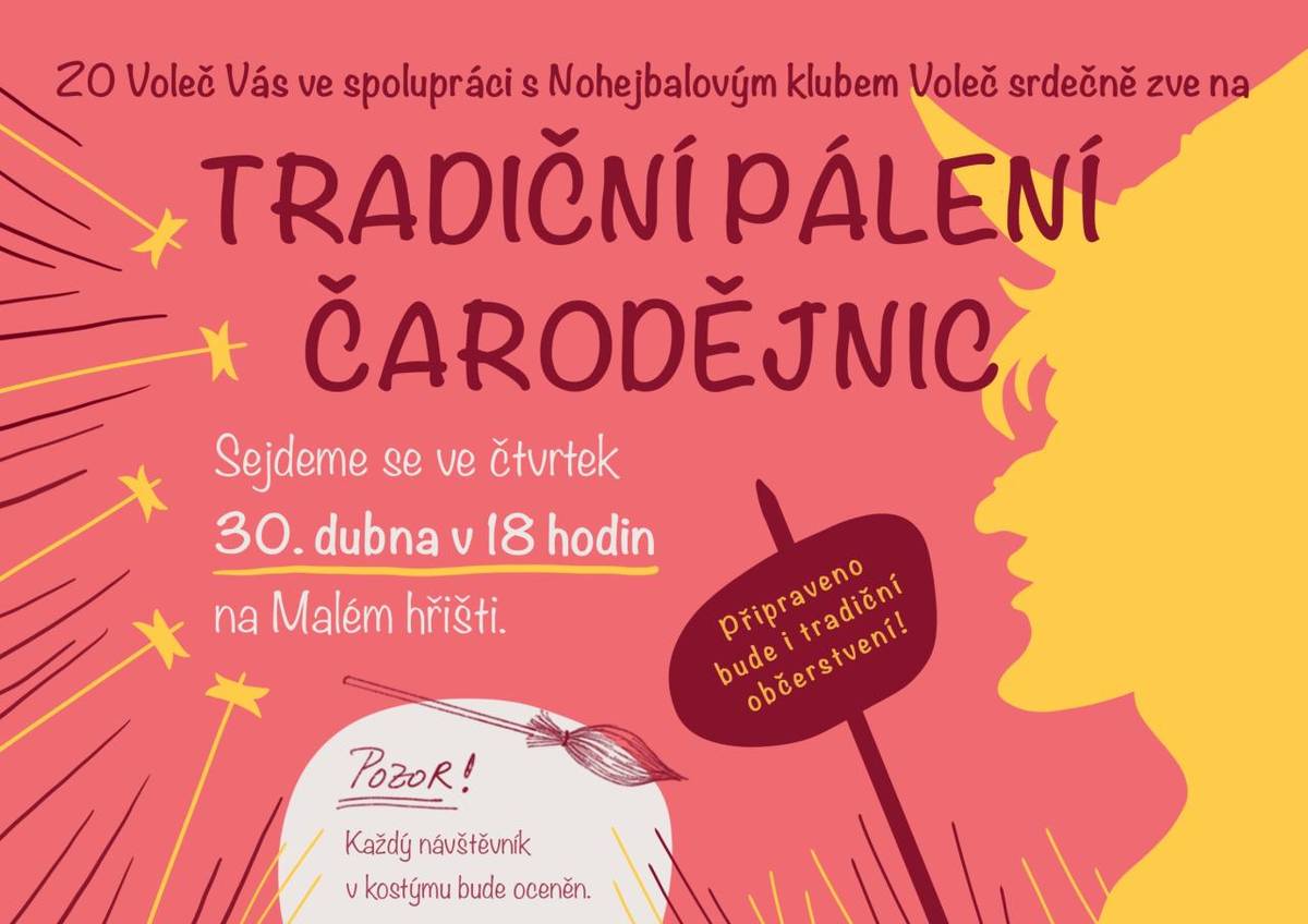 Přijďte si ve čtvrtek na Malé hřiště užít pálení čarodějnic, kde na Vás bude čekat tradiční občerstvení a na každého návštěvníka v kostýmu i drobná odměna.