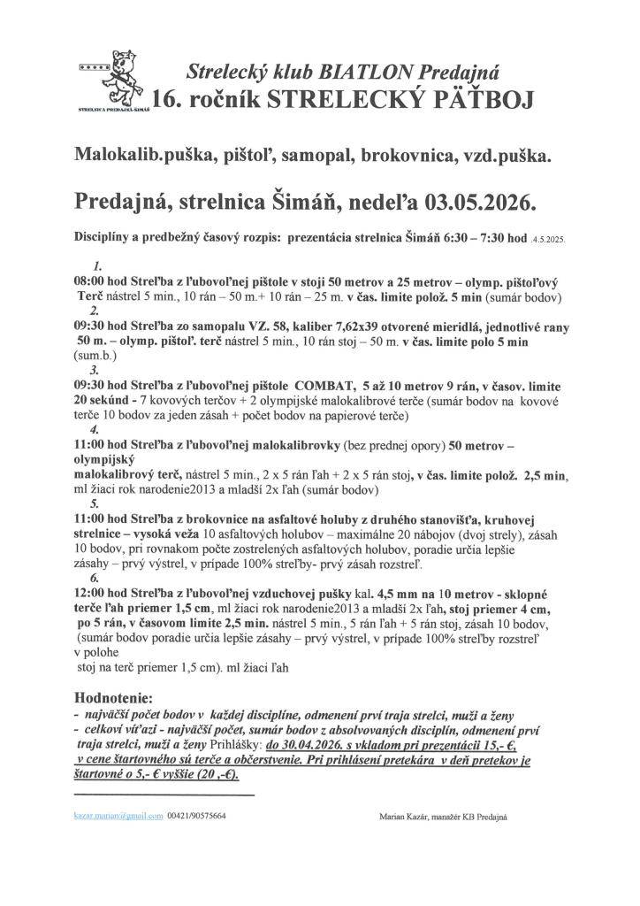 Strelecký klub biatlon Predajná organizuje 16. ročník strelecký päťboj