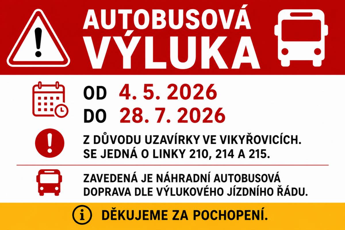 Bližší informace o uzavírce včetně popisu změn ve vedení autobusové dopravy a výlukový jízdní řád naleznete také zde: https://www.idsok.cz/vyluky/uplna-uzavirka-silnic-iii-44636-a-iii-44638-v-obci-vikyrovice/.