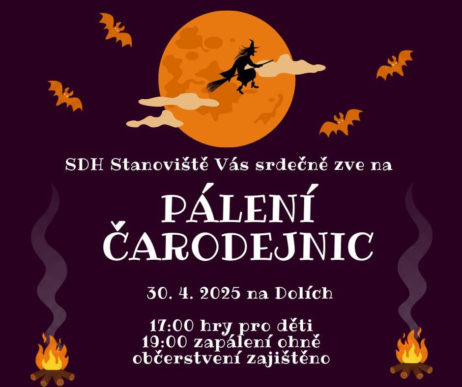 SDH Stanoviště vás srdečně zve na tradiční pálení čarodějnic, které se uskuteční 30.4.2026 na Dolích.