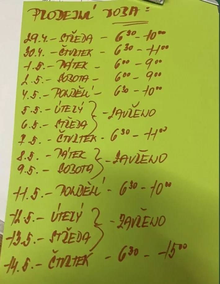Z důvodu státních svátků a dovolené dojde k úpravě prodejní doby v COOP Černá v období 29.4.-14.5.2026 viz níže. Vedoucí prodejny prosí zároveň o objednávku pečiva, na pravidelné objednávky nebude brán zřetel. Děkujeme za pochopení.
