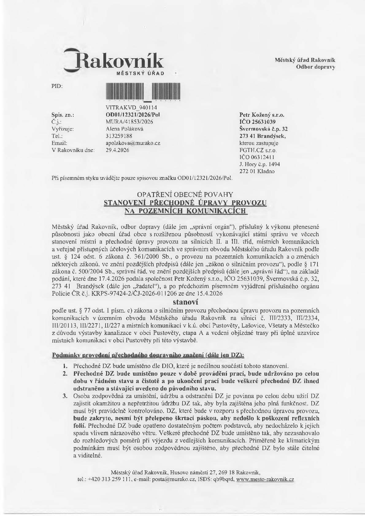 Informace o omezení dopravy v blízkosti obce - Pustověty - v době od 4.5.2026 do 31.5.2026.