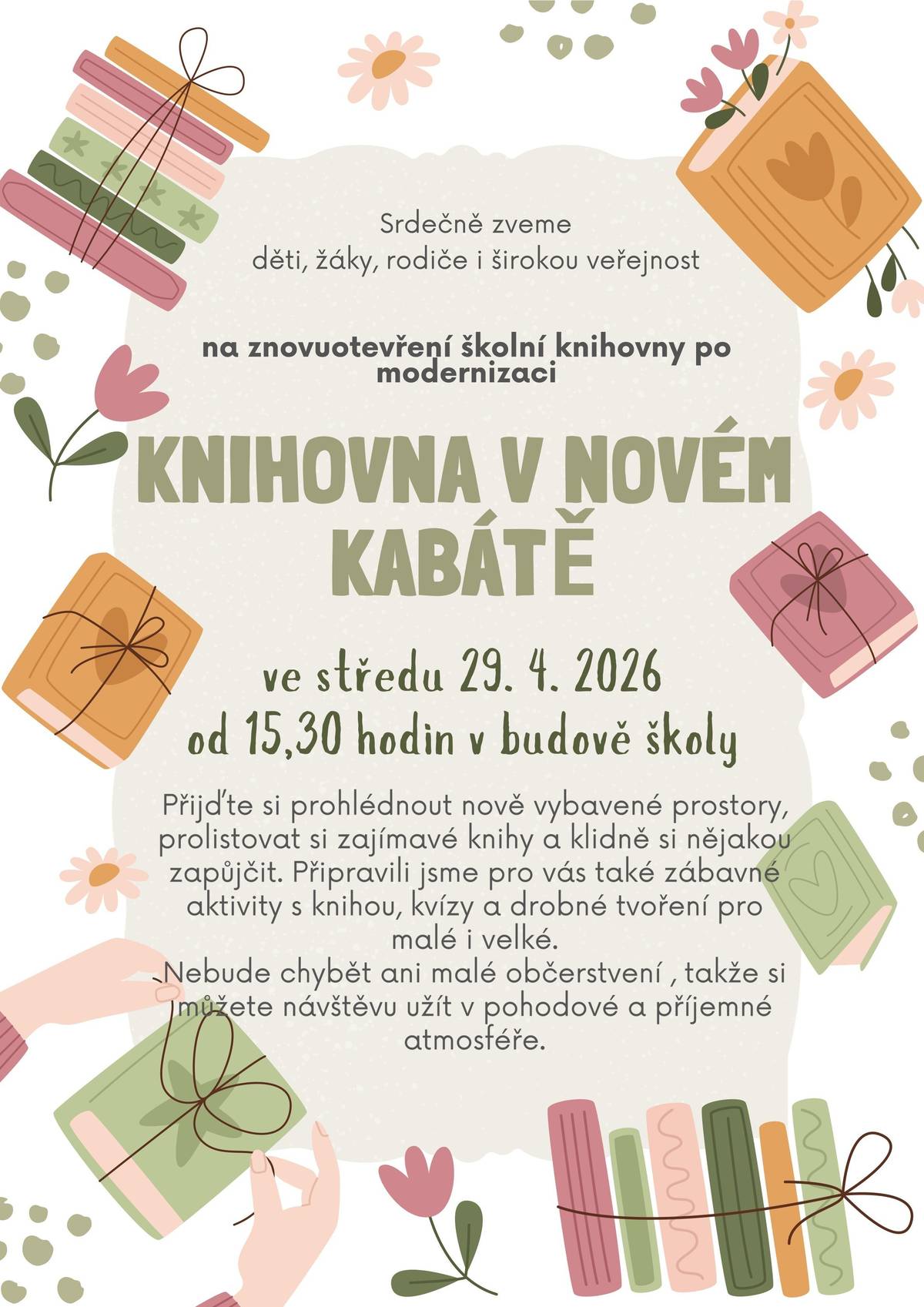 ZŠ a MŠ Sázava srdečně zve děti, žáky, rodiče i veřejnost na znovuotevření školní knihovny po modernizaci, které proběhne ve středu 29.dubna 2026 od 15:30 v budově škole. Čeká vás prohlídka nových prostor, knihy k zapůjčení, zábavné aktivity s knihou, kvízy, tvoření i malé občerstvení.