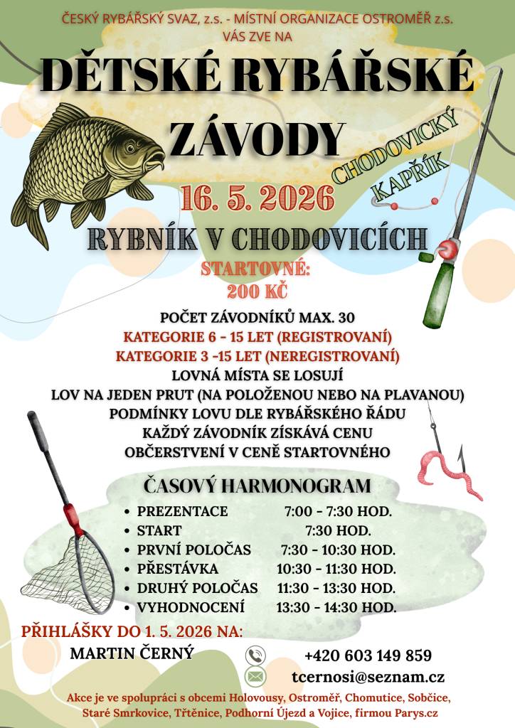 Zveme vás na rybářské závody, které se uskuteční 16. května 2026 v Chodovicích.  Prezentace od 7:00 hodin. Startovné činí 200 Kč a závodníci budou rozděleni do dvou kategorií podle registrace. Lovná místa se losují a každý účastník obdrží cenu. Více v příloze.