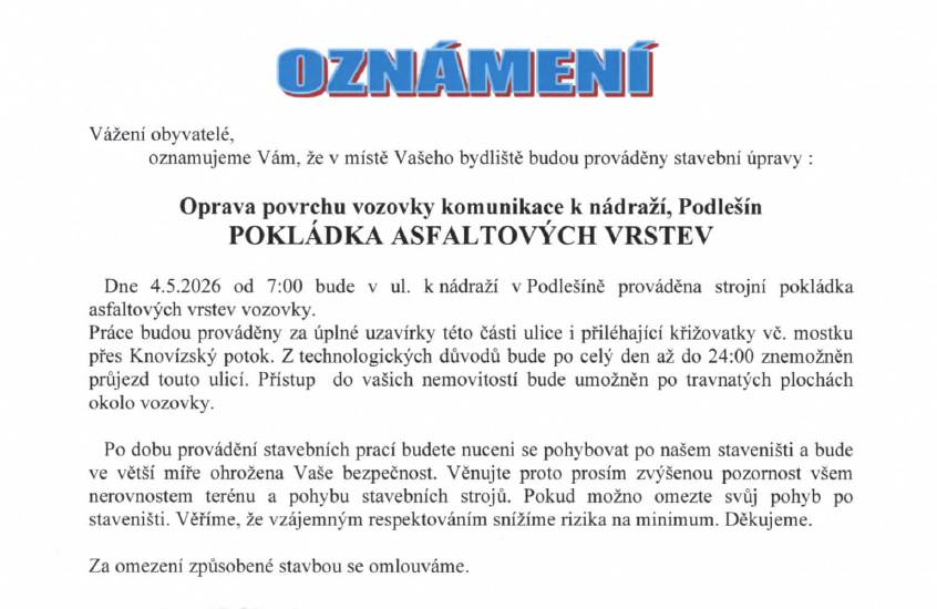 Oznámení občanům - pokládka asfaltových vrstev k nádraží