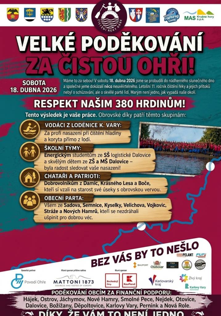 Naše obec se zapojila do této akce a dne 18.04.2026 jsme vyčistili od odpadků břehy řeky Rolavy, Bílý potok a okolí silnice z obce směr Jelení. Děkujeme všem dobrovolníkům, kteří se účastnili druhého ročníku.