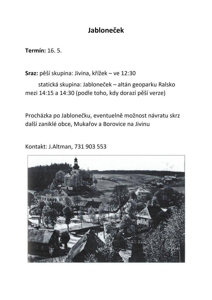 Pěší výlet do Jablonečku a okolí 16.5.2026