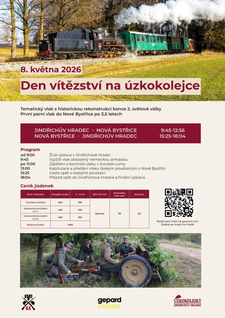 Akce Den vítězství na úzkokolejce proběhne 8. května 2026 a nabídne jedinečný zážitek s historickou rekonstrukcí konce 2. světové války. Tematický vlak vyjede z Jindřichova Hradce v 9:45 a po dramatických událostech dorazí do Nové Bystřice, kde dojde k předání vlaku českým povstalcům. Na programu je