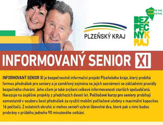 Cílem projektu je poskytnout seniorům, kteří jsou nejvíce ohroženi, důležité informace v oblastech „Finanční gramotnost“, „Občanská gramotnost“, „První pomoc“ a „Bezpečné chování pro seniory“. Nabízíme také vzdělávací aktivity „Počítačové kurzy pro seniory“.