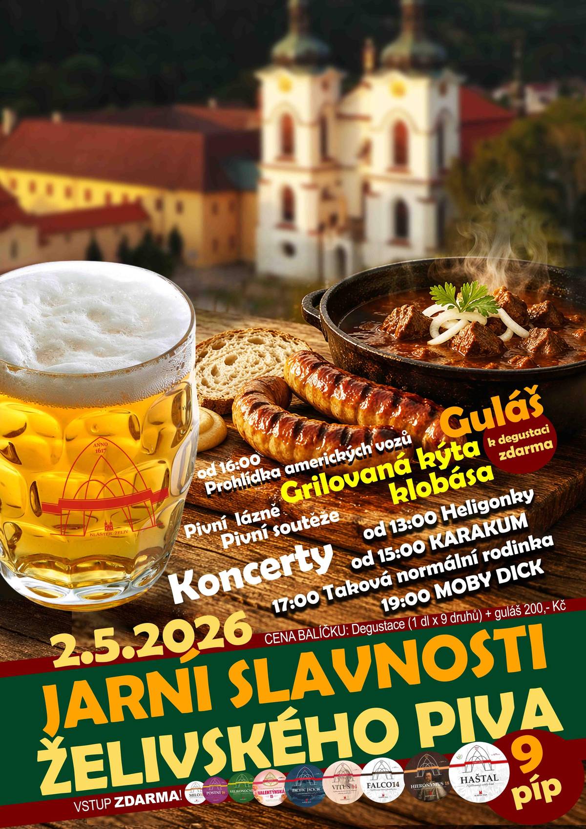 Jarní slavnosti želivského piva 2026 🍺🌿 V sobotu 2. května od 13:00 do 22:00 vás zveme do konventní zahrady Resortu Klášter Želiv na den plný skvělého piva, hudby a poctivé gastronomie. Těšit se můžete na 9 druhů piv z Klášterního pivovaru Želiv, degustační balíček, grilované speciality, pivní soutěže, pivní lázně i živou hudbu po celý den. Program koncertů: od 13:00 HELIGONKY od 15:00 KARAKUM od 17:00 Taková normální rodinka od 19:00 MOBY DICK Vstup je zdarma – stačí přijet a užít si pohodovou jarní atmosféru v jedinečném prostředí kláštera. 📍 Konventní zahrada, Klášter Želiv 🕐 2. 5. 2026 | 13:00–22:00 🎟️ Vstup zdarma