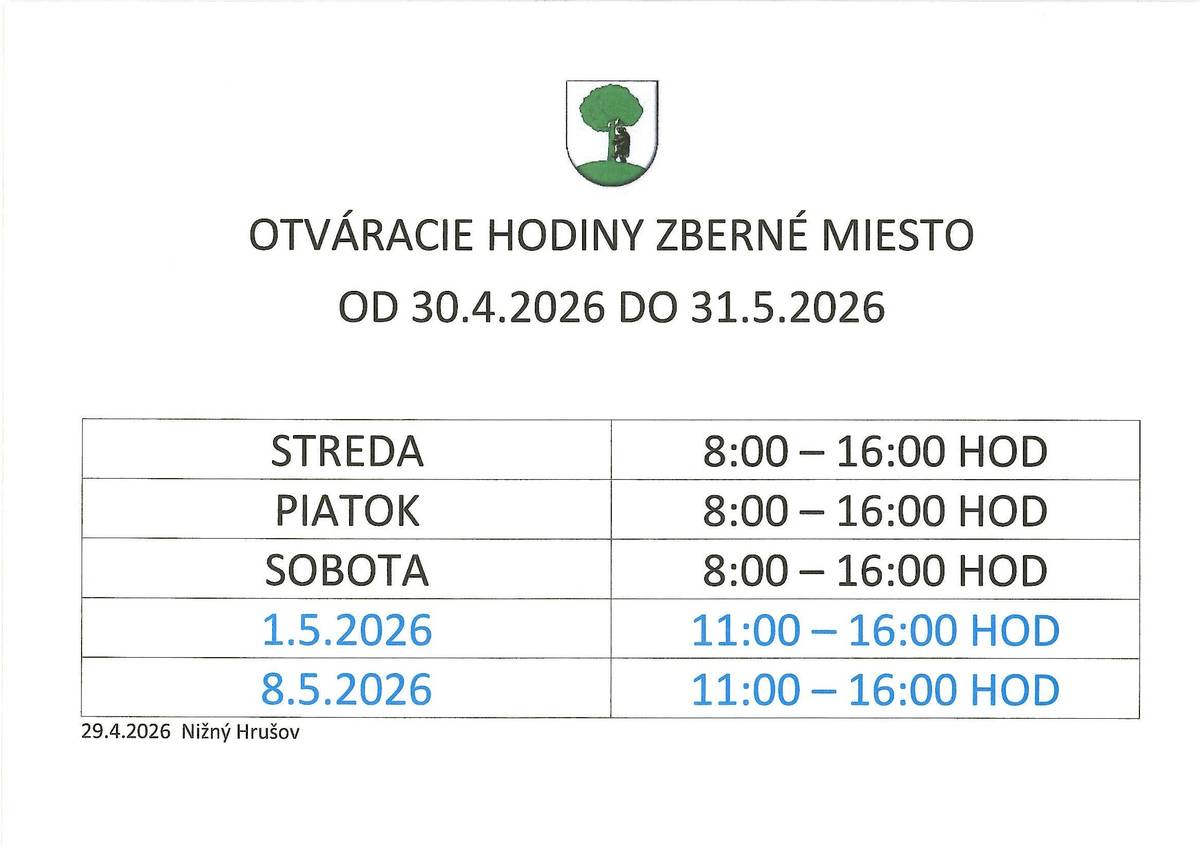 Otváracia doba zberné miesto máj 2026 od 30.4.2026 do 31.5.2026