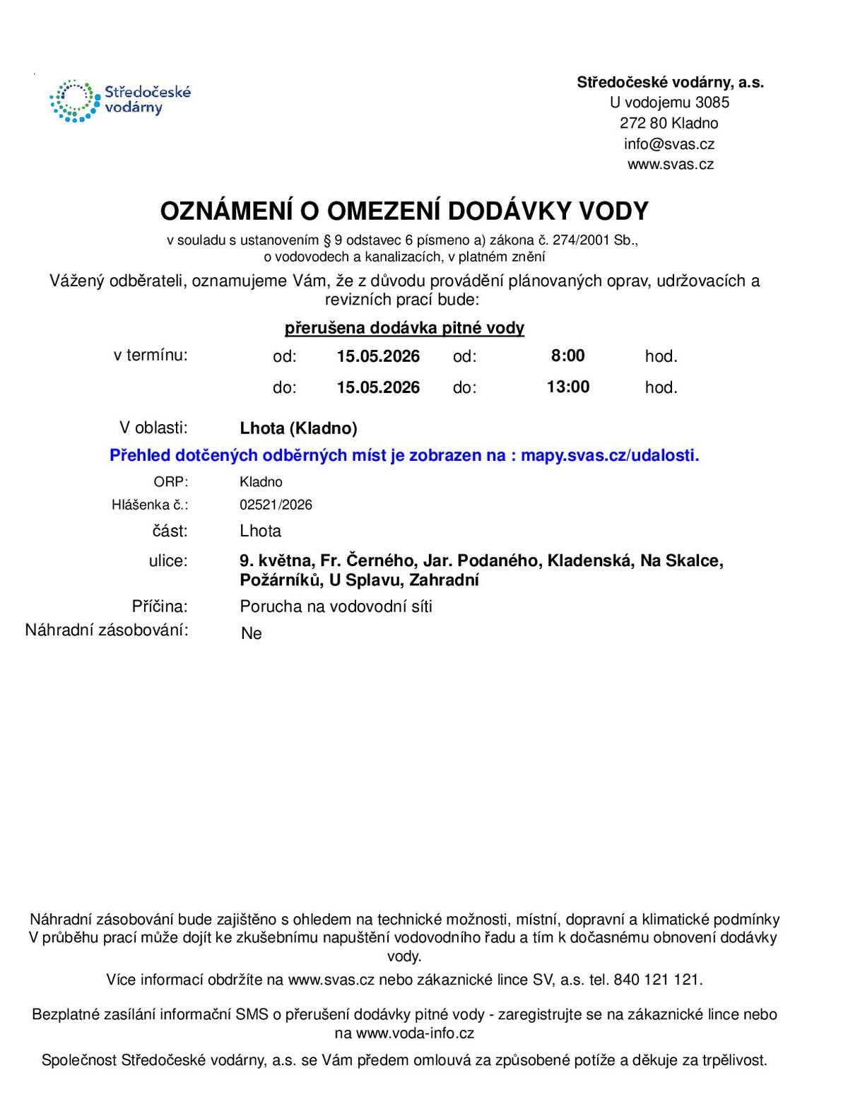 a vodovodní síti v naší obci