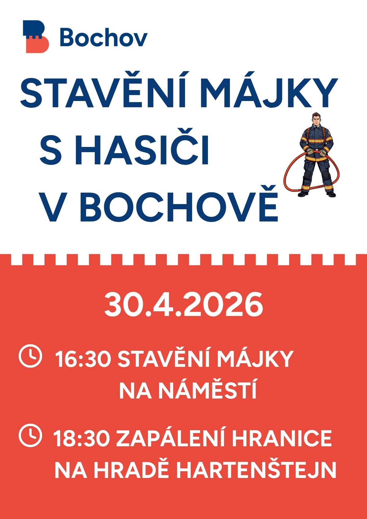 Srdečně zveme všechny sousedy, přátele tradic na letošní oslavy jara v Bochově. Akce se uskuteční 30. dubna 2026 v 16:30 hodin na náměstí, kde společně ozdobíme a vztyčíme májku. Poté se přesuneme na hrad Hartenštejn, kde v 18:30 hodin slavnostně zapálíme hranici. Čeká nás posezení u ohně, opékání buřtů a čarodějnická nálada. Vezměte si s sebou něco na opékání. Masky čarodějnic a čarodějů vítány!