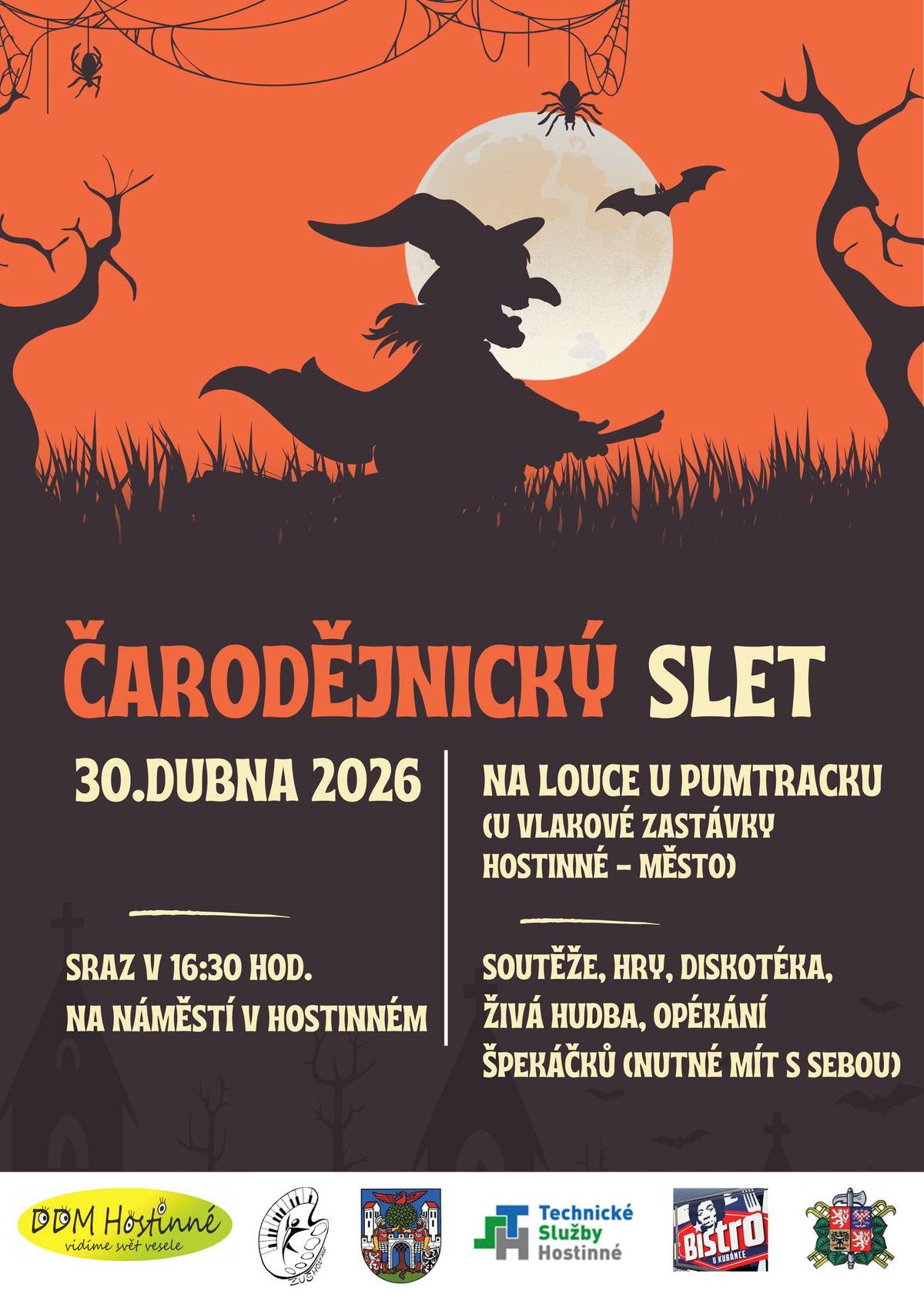 🧙♀️ Zveme vás na čarodějnický slet plný soutěží, hudby a dobré nálady!     📅 čtvrtek 30. dubna 📍  sraz na náměstí ⏰  16:30 hod.  Přijďte v kostýmu a přineste si dobrou náladu – košťata vítána! 🧹 Těšíme se na vás!