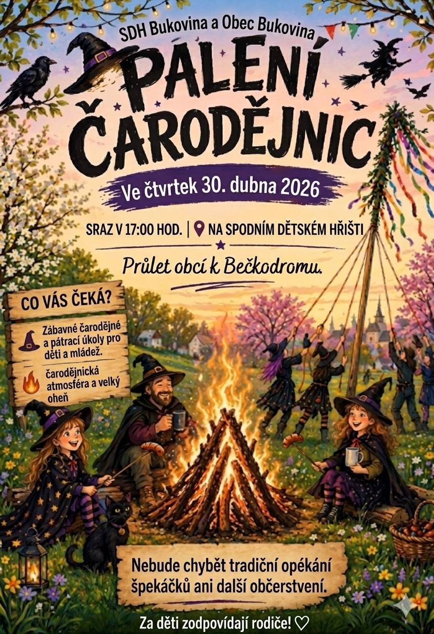 Drůbežárna Prace přijede zítra v 10.15 hodin prodávat:mladé kuřice a kohouty, slepice po roce snášky za 140Kč, brojlerová kuřata, káčata, housata a husokačeny Mulard, krmivo pro drůbež a králíky, vitamínové doplňky a dále pak vykupovat králičí kožky - cena 10 Kč/ks. Sdružení kominíků a topenářů bude provádět v naší obci ve středu 29. dubna čistění a revize komínů, dále čistění plynových kotlů za 450 Kč a revize kotlů na tuhá paliva za 1 300 Kč. Objednávky na tel.čísle 608 748 989. Sbor dobrovolných hasičů Bukovina vás zve na Pálení čarodějnic, které proběhne ve čtvrtek 30. dubna 2026. Sraz bude v 17 hodin na spodním dětském hřišti, poté se průvod vydá na bečkodrom. Všichni jste srdečně zváni! Zahradnictví Ševčík přijede ve čtvrtek 30. dubna v 15 hodin prodávat sazenice zeleniny a okrasných rostlin.