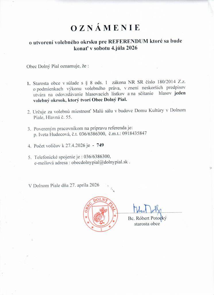 Oznámenie o utvorení volebného okrsku pre REFERENDUM, ktoré sa bude konať v sobotu 4. júla 2026.