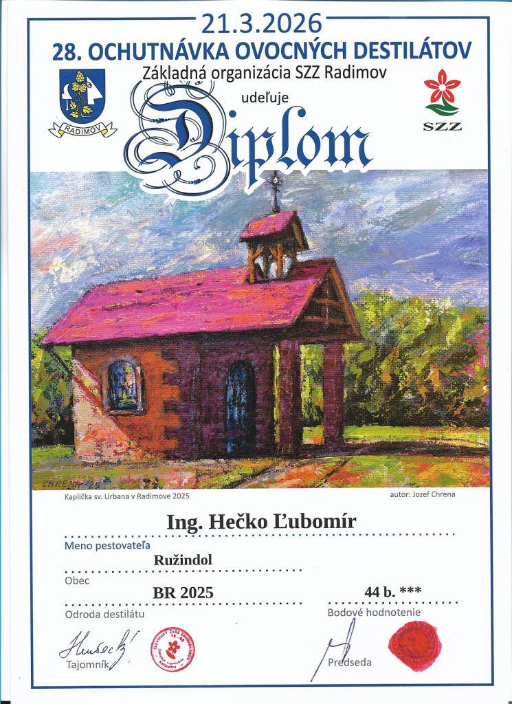 Dňa 21.3.2026 sa konal 28. ročník degustácie ovocných destilátov v Radimove. Aj ružindolskí záhradkári na túto akciu prispeli svojimi vzorkami. Získali sme dve zlaté a jednu striebornú medailu.