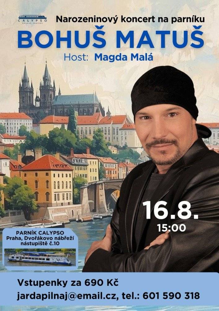 Dobrý den. Dnes nabízím plavby parníky. Tyto zážitky čekají právě na Vás. KONCERTY NA PARNÍKU CALYPSO Chcete slyšet jen to nejlepší od našich nejznámějších zpěvaček a zpěváků? A to na živo bez playbacku? Dnes si Vám dovoluji nabídnout další tři živé koncerty na parníku Calypso v Praze, Dvořákovo nábřeží, přístaviště Čechův most, molo č.10 a to o nedělích od 15:00 ho 17:00 hodin. Zapište si do kalendáře: KŘEST NOVÉHO CD a KONCERT NA PARNÍKU - 7.6.2026. Zpívá HYNEK TOMM a jeho hosté. Hynek je charismatický zpěvák s nezaměnitelným hlasem s velkým hlasovým rozsahem. Absolvent Konzervatoře v oboru operní zpěv. Účinkoval v několika muzikálech, působil v divadlech Karlín, Semafor a spolupracoval s Evou Pilarovou a dalšími jazzovými a populárními zpěváky. Na koncertech zpívá zásadně živě. NAROZENINOVÝ KONCERT NA PARNÍKU - 19.7.2026. Zpívá MAGDA MALÁ a její hosté. Magda vystudovala Státní konzervatoř v Praze, obor pop - jazz a vystupovala ve skupině Allegro M. Davida. Účinkovala v muzikálech Bídníci, Drákula, Miss Saigon, Malá mořská víla, Kráska a zvíře, Ples upírů, Popelka na ledě atd. Má za sebou řadu sólových alb a nosičů pro děti. Obdržela cenu Mistr zábavního umění. NAROZENINOVÝ KONCERT NA PARNÍKU - 16.8.2026. Zpívá BOHUŠ MATUŠ a jeho hosté. Bohuš vystudoval Konzervatoř v Brně a poté i Konzervatoř Jaroslava Ježka v Praze. Nově vydal své autorské CD. Na hudební scéně patří už více než 30 let k našim významným umělcům. Účinkoval v divadlech Karlín a Semafor, hostoval ve Státní opeře. Zpíval hlavní role v muzikálech Dracula, Pomáda, Johanka z Arku, Monte Cristo, Romeo a Julie na ledě, Noc na Karlštejně, Producenti, Angelika, Kat Mydlář, Antoinetta, Fantom Opery, Ples upírů, Láska nebeská, Troja a dalších. Vydal osm alb. Odplouváme opět v neděli v 15:00 hodin z Dvořákova nábřeží pod Nemocnicí Na Františku, Přístaviště Čechův most, molo č. 10., Loď Calypso. Praha. Vstup na parník bude umožněn ve 14:30 hod. Nástup podle čísel vstupenek od 1 do 60. Na horní palubu, kde se koncert koná se pohodlně usadí 86 osob. Je povoleno fotografovat i natáčet. Po celou plavbu budou jak pěvecká či hudební vystoupení. Je dobré si hned na baru v přízemí lodi u vstupu zakoupit občerstvení. Bar je otevřen po celou dobu plavby. Koncert proběhne na horní kryté palubě. Projděte okolo baru v přízemí celou lodí dozadu k toaletám a dejte se nahoru po schodech. Sezení je po dvou osobách ale vejdou se, při dobré vůli, i tři. Oblečte se jak chcete. Malým dětem a domácím mazlíčkům zajistěte doma hlídání. Cena lodního lístku je 690 Kč. Čísla vstupenek se odvíjí od zakoupení vstupenek a ne od objednání si jich. Zašlu elektronicky. Vezměte si sebou dobrou náladu a pokud ne, určitě Vás pobavíme. Zážitek z plavby pod pražskými mosty s výhledem na Hradčany, Kampu i Vyšehrad, za živého zpěvu, ve Vás nechá nezapomenutelnou vzpomínku. Napište si do kalendáře. Objednávejte na jardapilnaj@email.cz. https://www.facebook.com/…naj Info na tel.: 601590318 Umělecká agentura Jarda Pilnaj je manažerem českých umělců a skupin, pořadatelem koncertů, besed, přednášek, hudebně vzdělávacích pořadů pro školy atd. Zastupuje padesátku českých zpěváků, padesátku českých herců a dalších několik populárních osob jak z umělecké tvorby tak sportovce, cestovatele, atd. www.jarda-pilnaj.cz