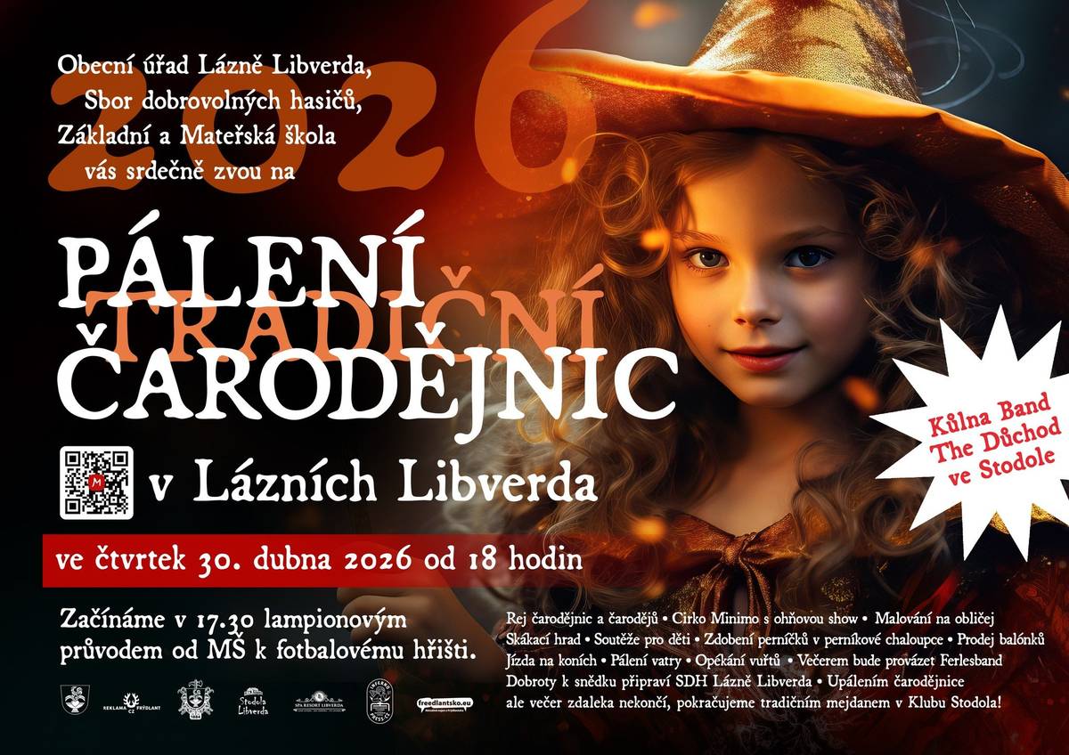 Srdečně vás zveme na Tradiční pálení čarodějnic v Lázních Libverda, které se uskuteční již zítra na fotbalovém hřišti. Těšit se můžete na: Rej čarodějnic a čarodějů,malování na obličej, skákací hrad,soutěže pro děti, jízdu na koních, zapálení vatry, ohnivou show a mnoho dalšího. Lampionový průvod vyrazí v 17:30 od školky. Přijďte si užít krásné odpoledne plné zábavy pro malé i velké. A tím večer nekončí, pokračovat se bude ve Stodole.Těšíme se na vás.