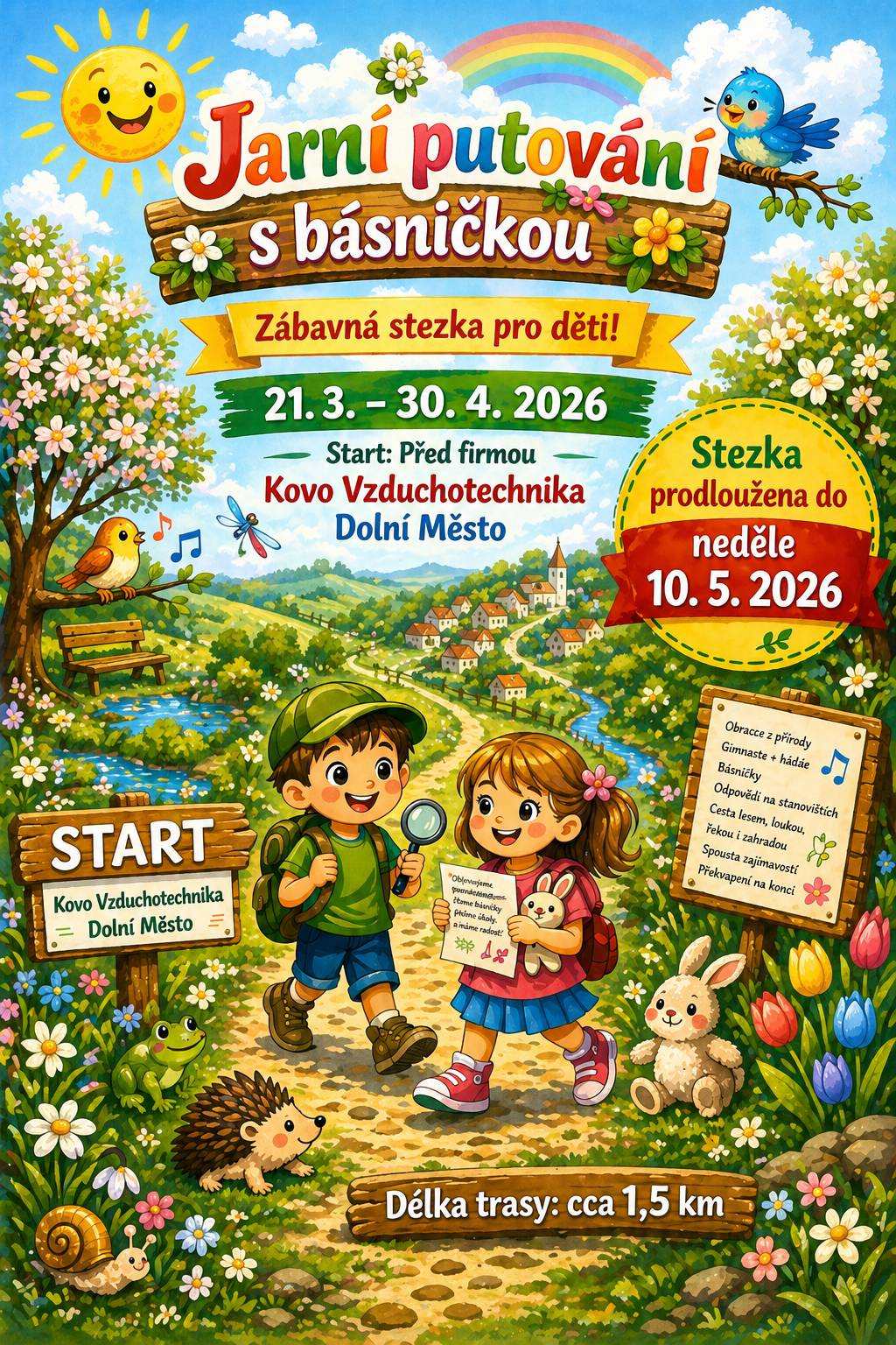 Máme skvělou zprávu pro všechny malé i velké poutníky – jarní stezku si bude možné projít až do neděle 10. 5. 2026 🐝🌼  Pokud jste ji ještě nestihli projít, nebo si ji chcete užít znovu, máte ještě možnost 🌿✨  Těšíme se na všechny, kdo se vydají na cestu! 💛