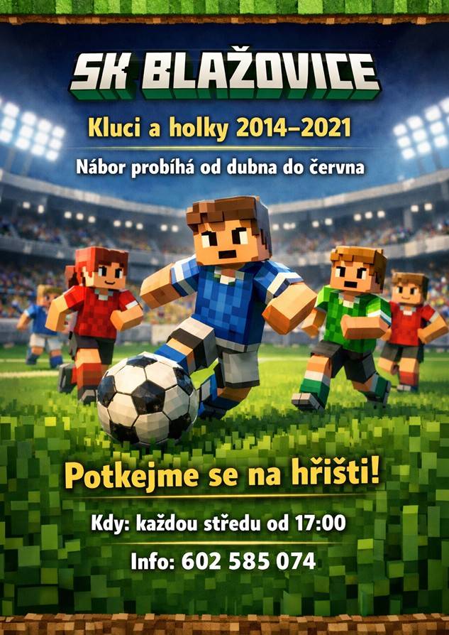 Od dubna do června probíhá každou středu na fotbalovém hřišti od 17:00 nábor dětí z ročníků 2014-2021.