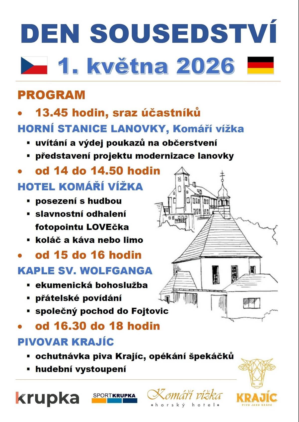 Město Krupka vás srdečně zve na Den sousedství, který se uskuteční v pátek 1. května od 13:45 hodin. Přijďte se s námi projít, dát si kávu a koláč na Komárce, vyslechnout bohoslužbu v kapli sv. Wolfganga, ochutnat pivo Krajíc a opéct špekáčky!
