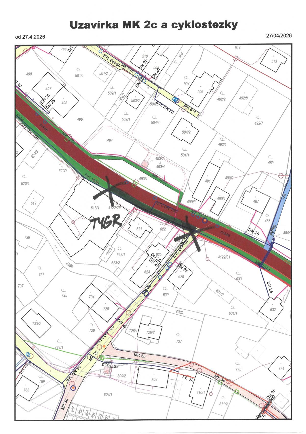 Od 27.4.2026 v úseku od křižovatky u č.p. 275 po Plechy č.p. 17 (TYGR) bude uzavřena cyklostezka a výjezd z MK 2c z důvodu výstavby optické sítě a veřejného osvětlení. Děkujeme za pochopení.