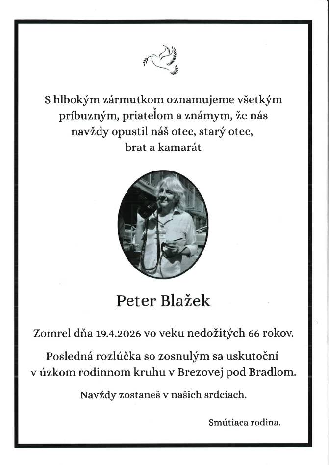 Smútočné oznámenie - Peter Blažek