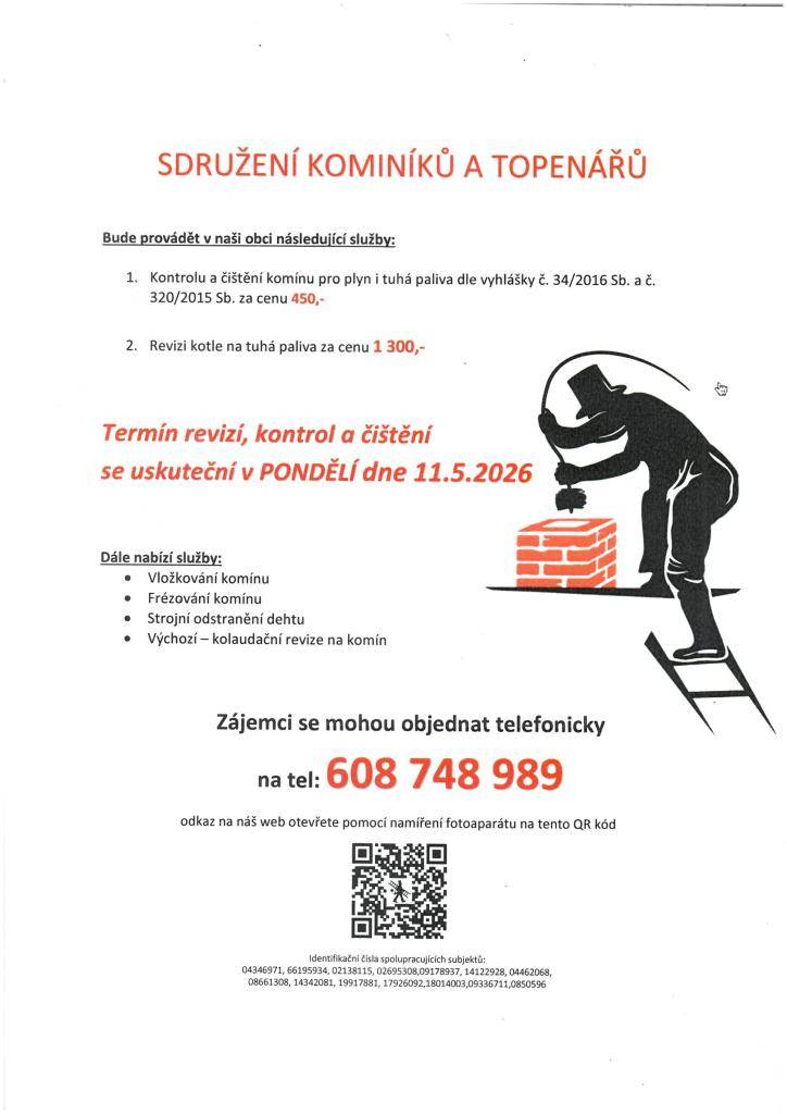 Kontrola a čištění komínů v obci - 11.5.2026