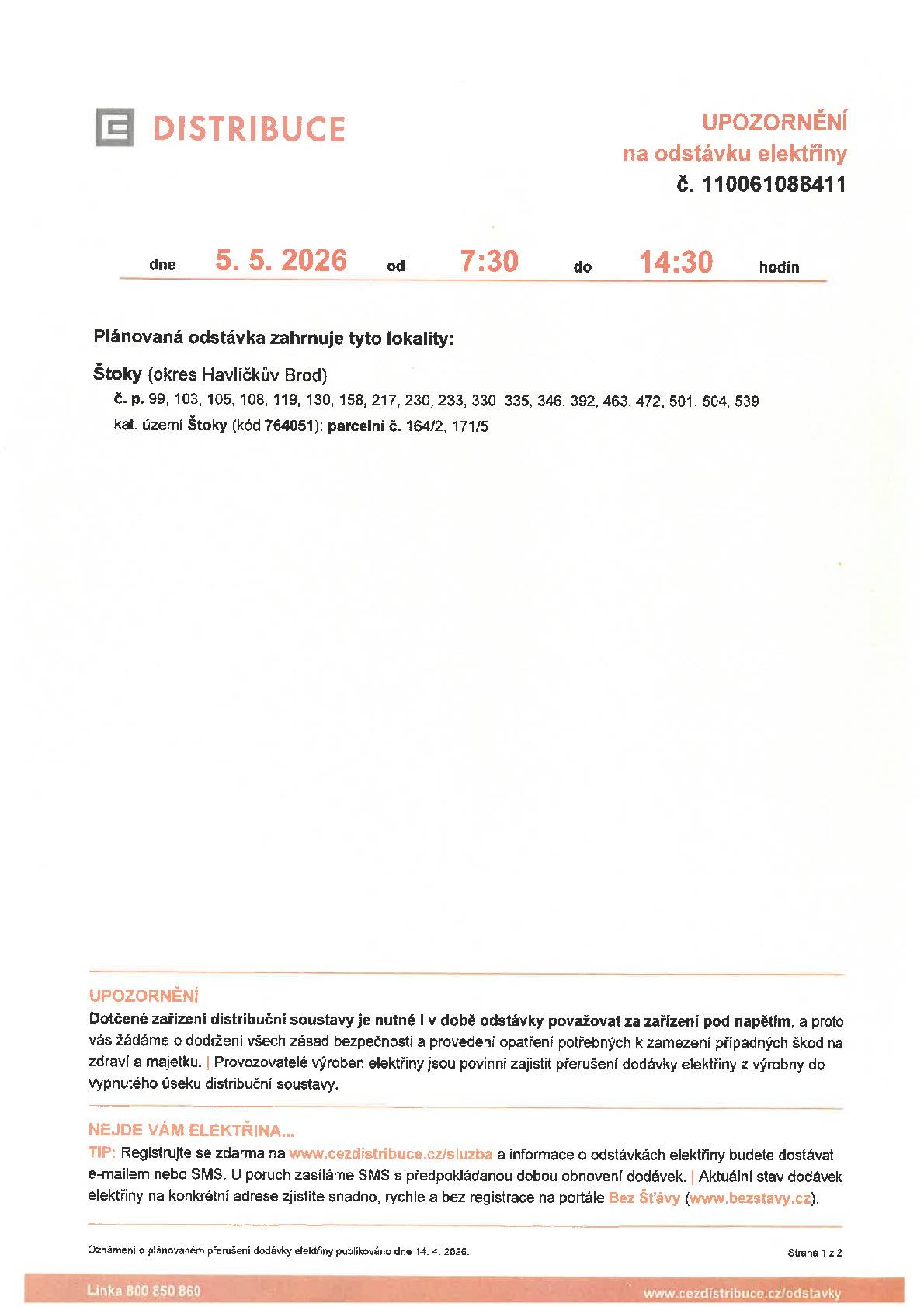 Upozornění na dočasnou odstávku elektřiny - 5.5.2026 od 7,30 do 14,30