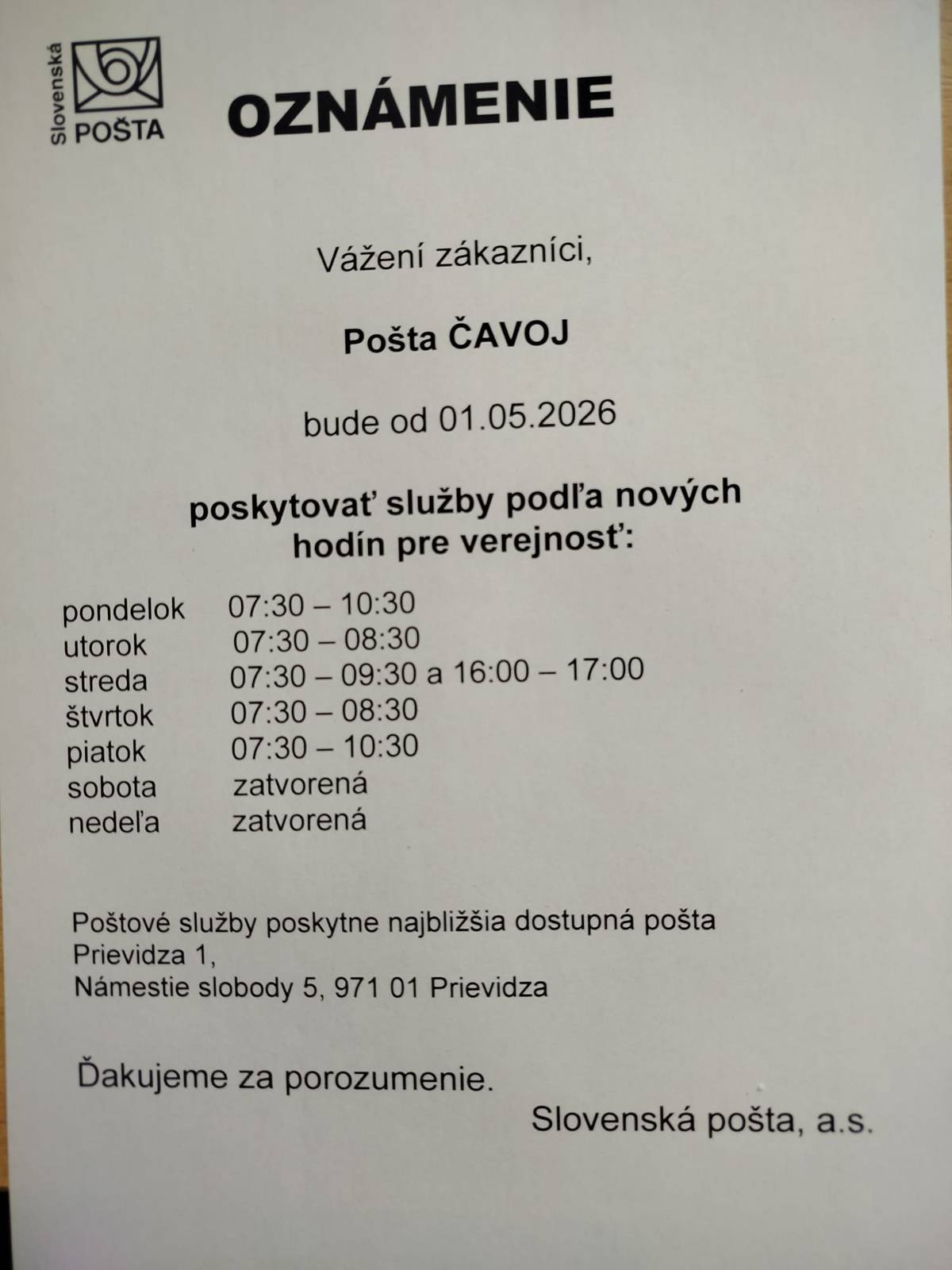 Otváracie hodiny na pošte v Čavoji od 1.5.2026