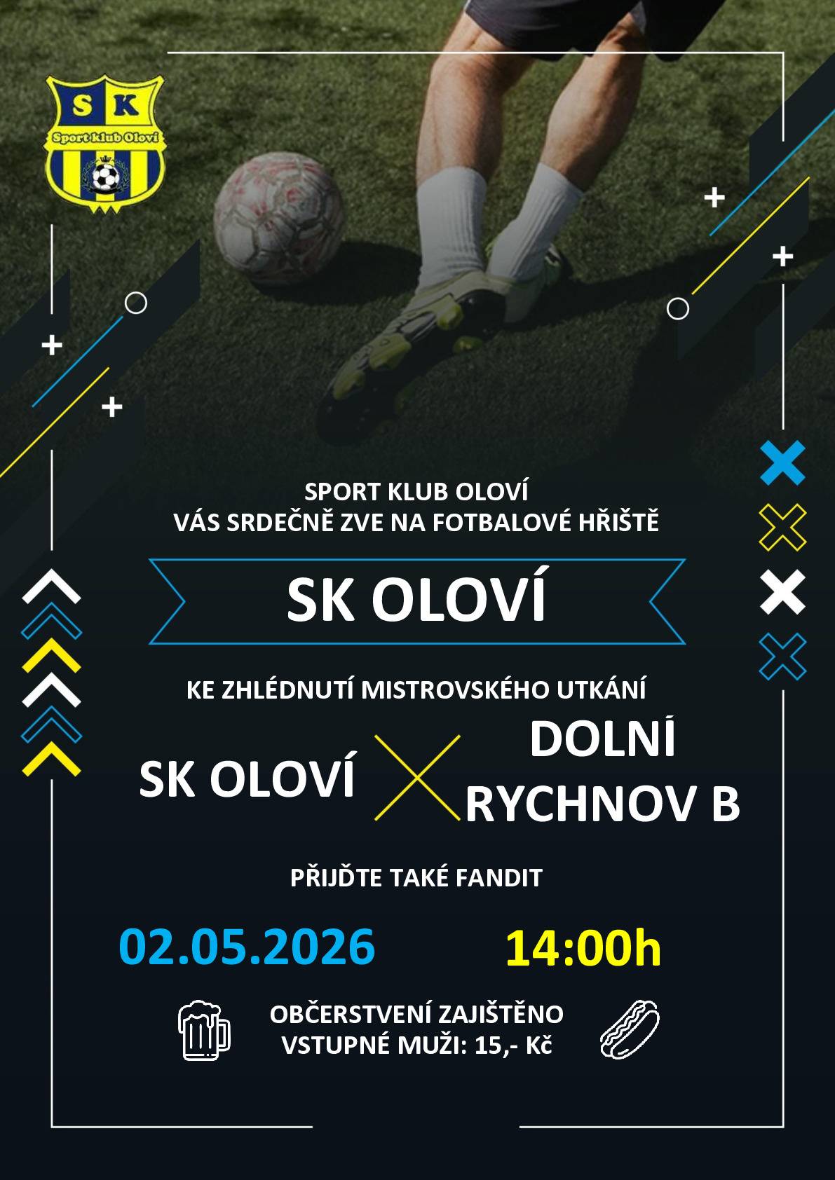 Sport klub Oloví Vás srdečně zve na fotbalové utkání, které se uskuteční v sobotu 02.05.2026 od 14:00 hod. na fotbalovém hřišti v Oloví.