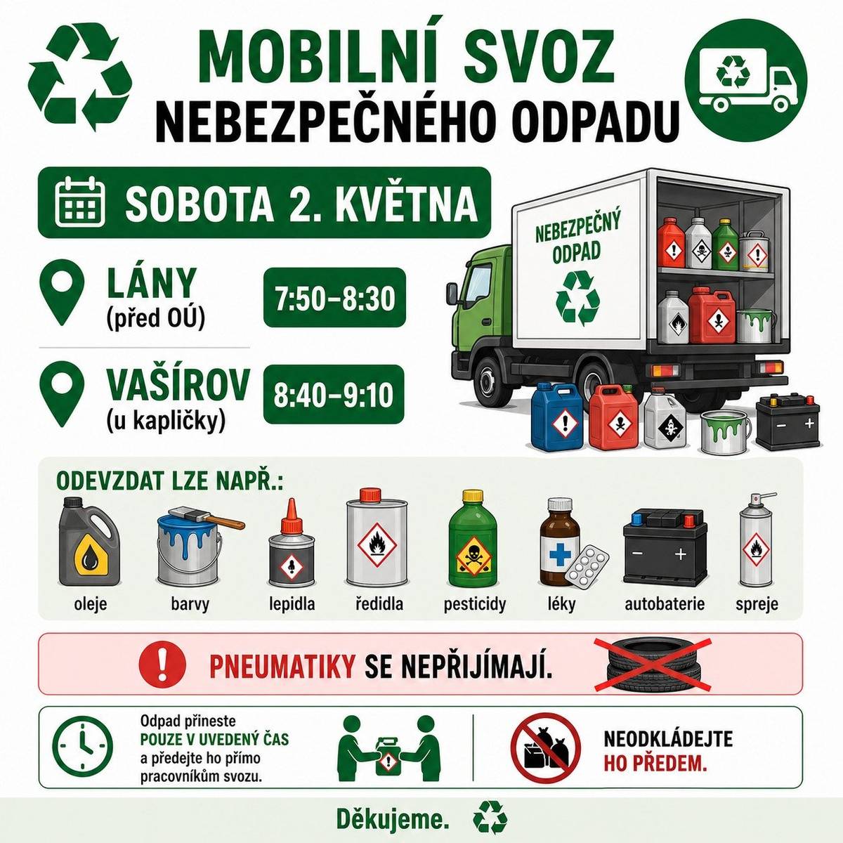 Mobilní svoz nebezpečného odpadu – sobota 2. května 2026    Lány (před OÚ): 7:50–8:30 Vašírov (u kapličky): 8:40–9:10  Odevzdat lze např. oleje, barvy, lepidla, ředidla, pesticidy, léky, autobaterie či spreje.   Pneumatiky se nepřijímají!   Odpad přineste pouze v uvedený čas a předejte ho přímo pracovníkům svozu. Neodkládejte ho předem.   Děkujeme.