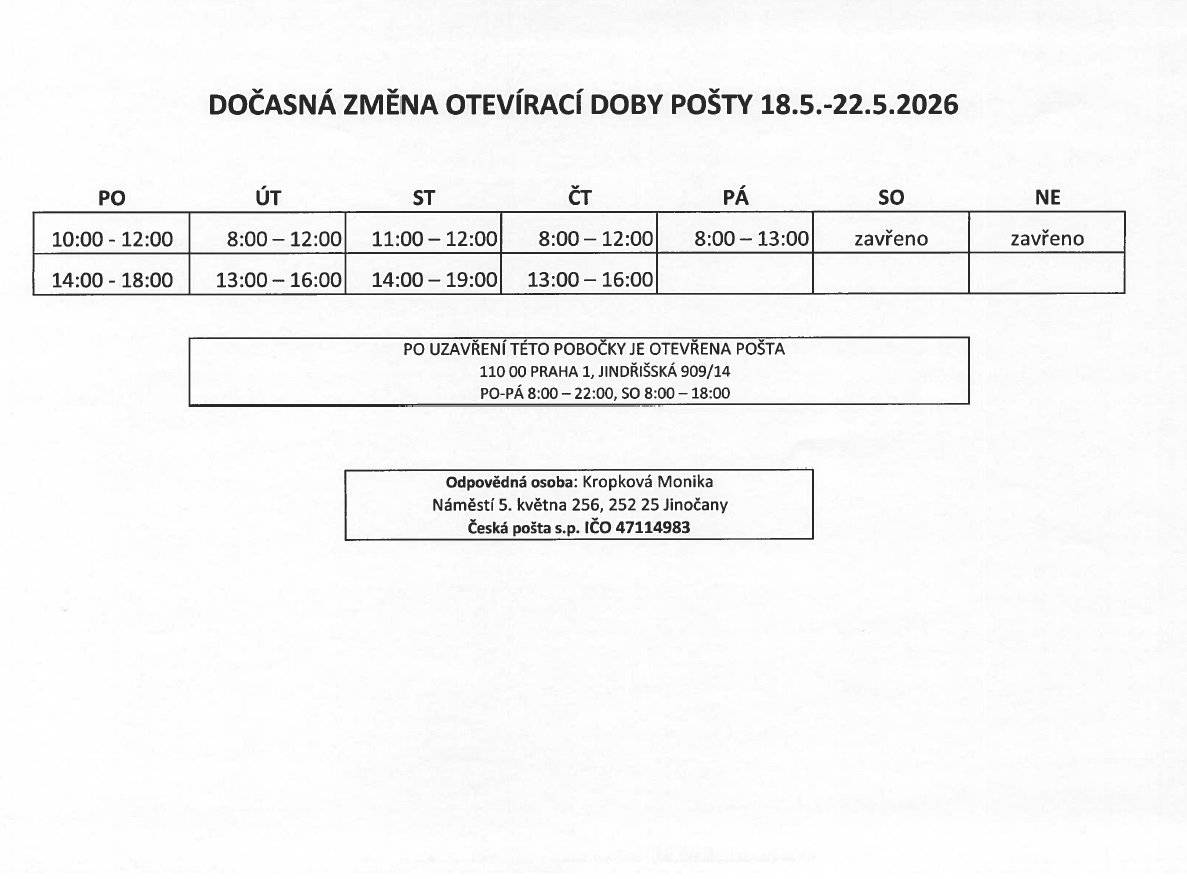 Upozorňujeme občany na dočasnou změnu otevírací doby Pošty Partner Jinočany v období od 18.5.2026 do  22.5.2026.